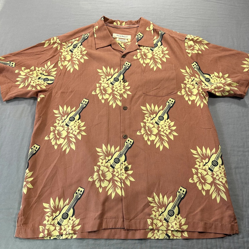Tommy Bahama Shirt Adult Large Ukulele Floral Silk Hawaiian Beach Camp Mens